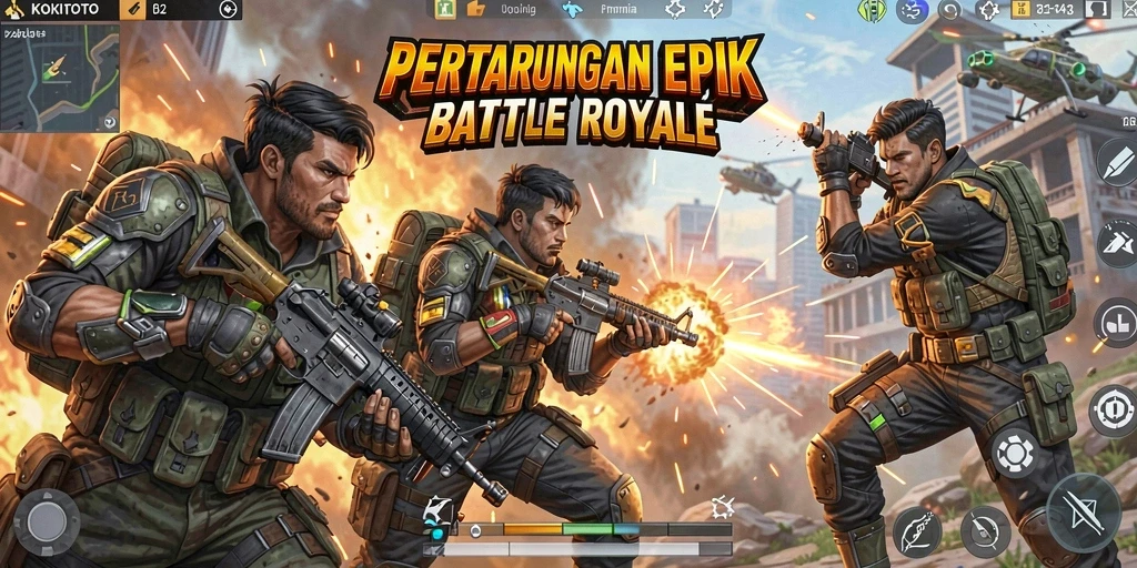 Tampilan gameplay mendebarkan dari KOKITOTO dengan pertempuran Battle Royale.
